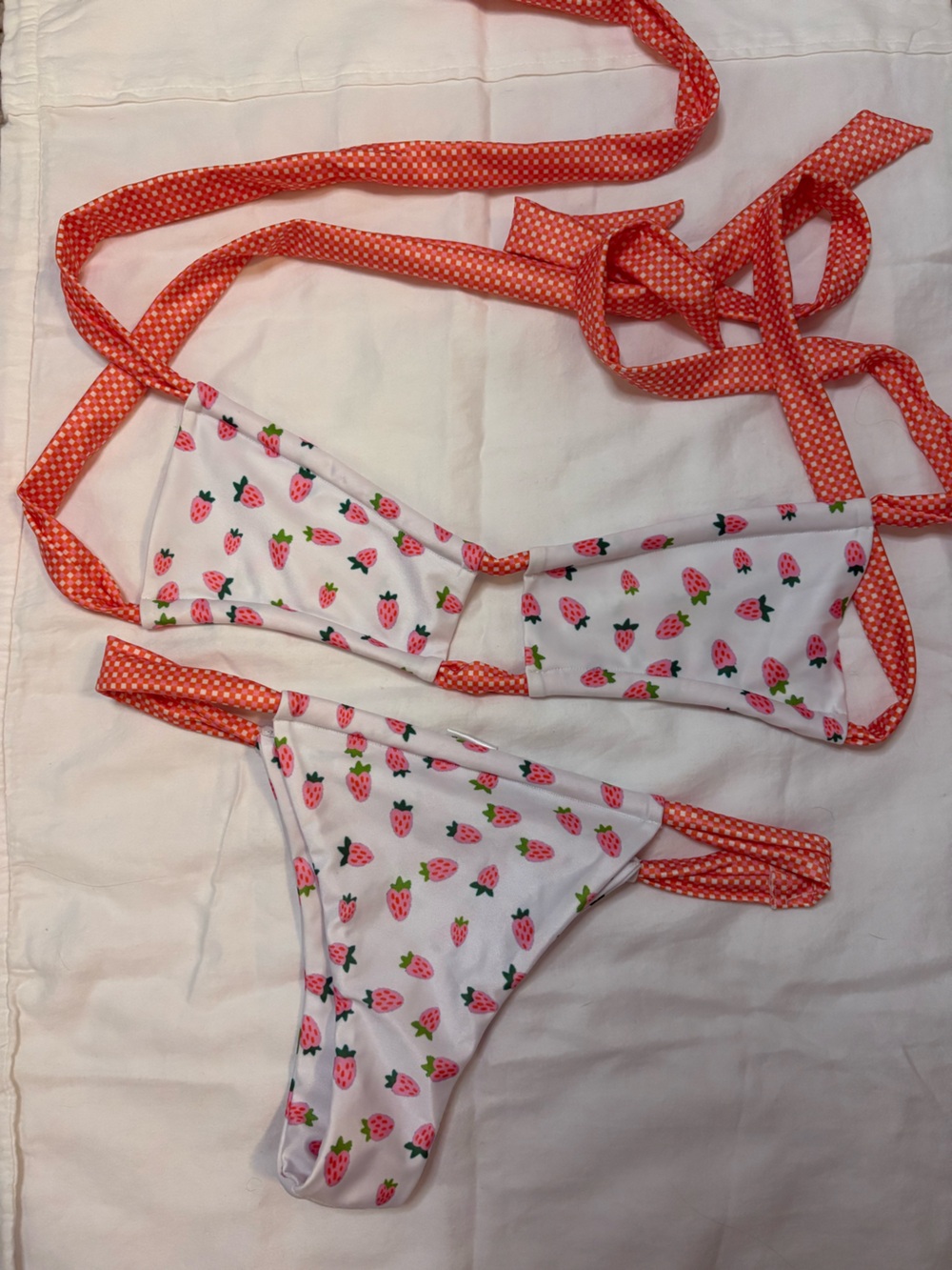 Strawberry Milk Mob White & Pink Strawberry Print Bikini with Orange Trim